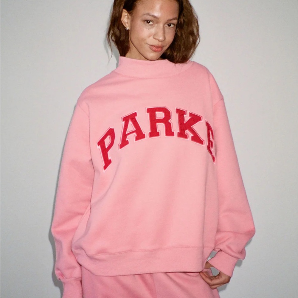 Parke Bubblegum and Ruby Varsity mockneck and matching bubblegum sweatpants